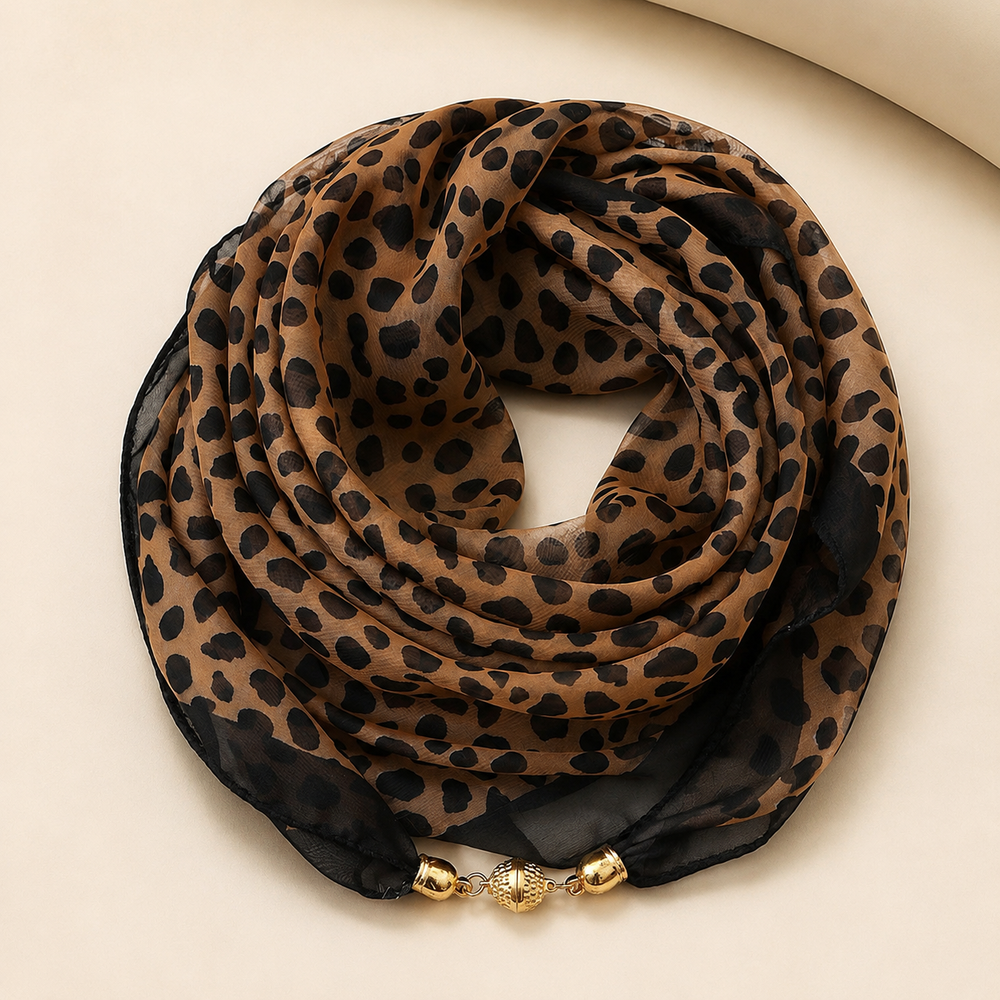 Écharpe carrée à imprimé léopard 63x63cm pour femmes avec fermoir magnétique, écharpe légère en mousseline, accessoire de mode