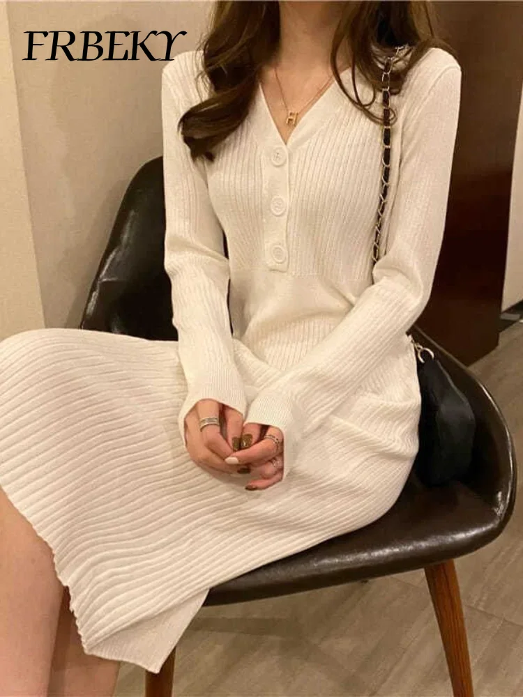 Robe pull à col en V taille élastique GT, tricots à fond de hanche, robes longues élégantes, mode mince, tambour coréen, automne