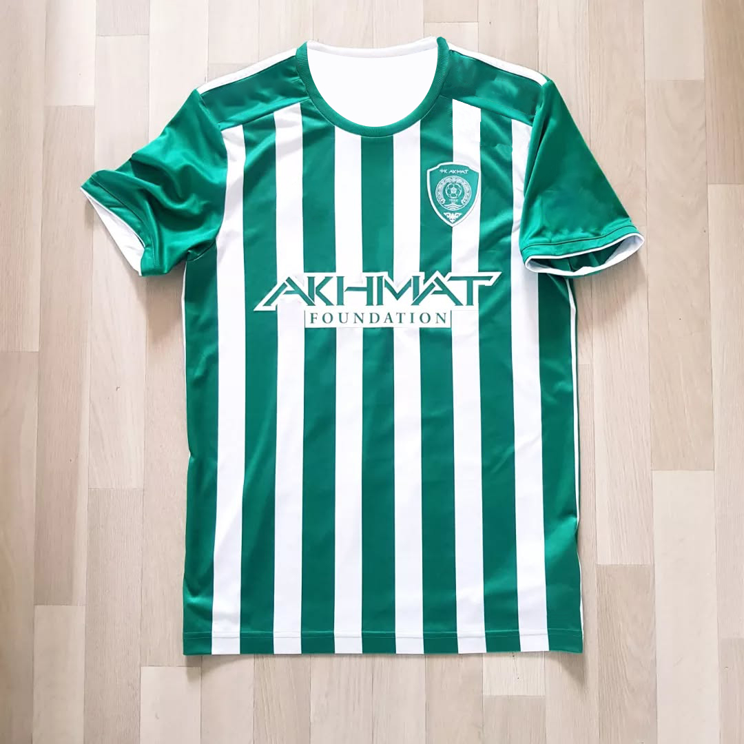 Maillot de football réplique domicile FC Akhmat Grozny pour hommes, femmes et enfants, rayures vertes et blanches verticales, manches courtes, chemise de supporter de football