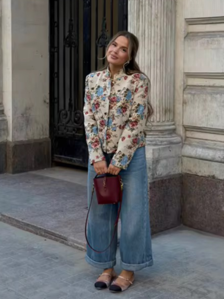 Ensemble jupe imprimée vintage pour femme, chic, col montant, manteau à manches longues à simple boutonnage, jupe mini ajustée, tenue de ville pour femme 2026