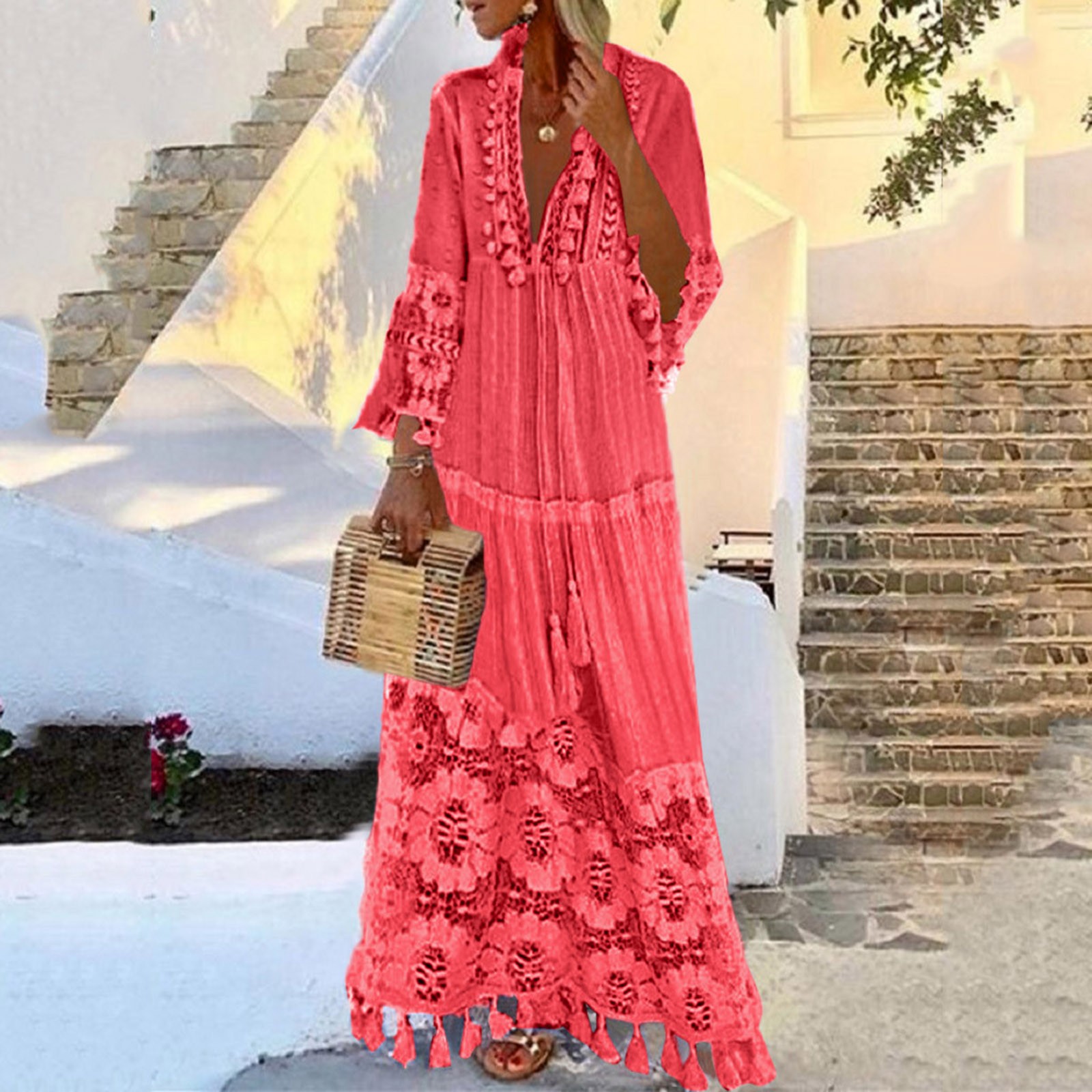Robe longue bohème à pampilles pour femmes, col en V, grande taille, dentelle, monochromatique, robe élégante, mode décontractée, vacances Boho