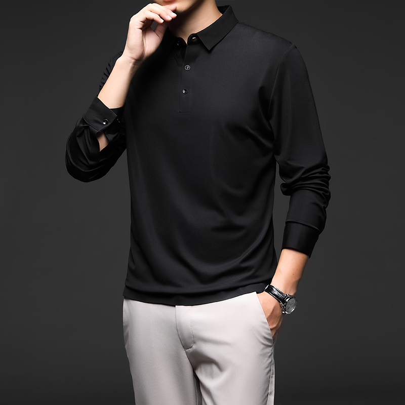 Minglu – Polo à manches longues en soie pour homme, haut de luxe, couleur unie, style décontracté, idéal pour le Golf, le printemps et l'automne