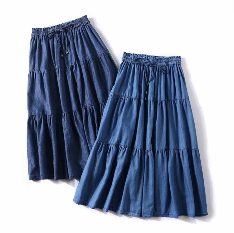 Jupe longue taille haute à volants en denim pour femmes, vêtements vintage, décontractés, en coton, éducatifs, automne 2025