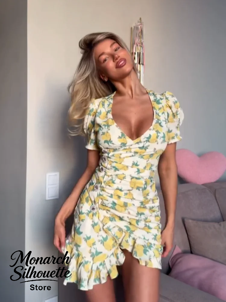 Robe Courte Chic à Volants Imprimés pour Femme, Manches Évasées Patchwork, Col en V, Plissée, Été 2026, Décontractée