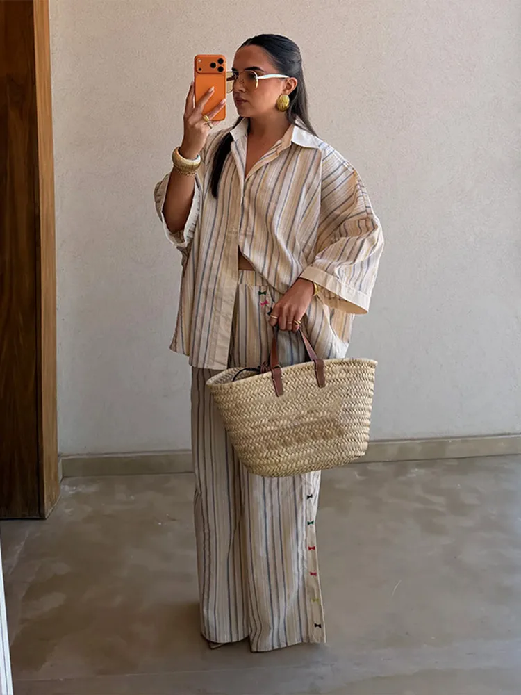Ensemble chemise et pantalon à rayures, col rabattu, manches trois quarts, chemisier et pantalon large, tenue décontractée chic pour femme 2026