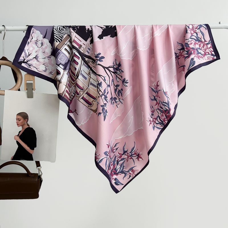 Nouvelle Écharpe en Soie pour Femme, Texture Soie Imitée, Imprimé Tendance, Violet Élégant, 90 x 90 cm, en Twill, Douce pour la Peau