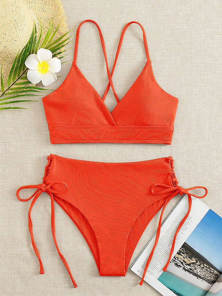 Cikini-ensemble bikini fendu à col en V pour femme, maillot de bain sexy, à lacets, bikini triangulaire, couleur unie, maillot de plage, maillot de bain