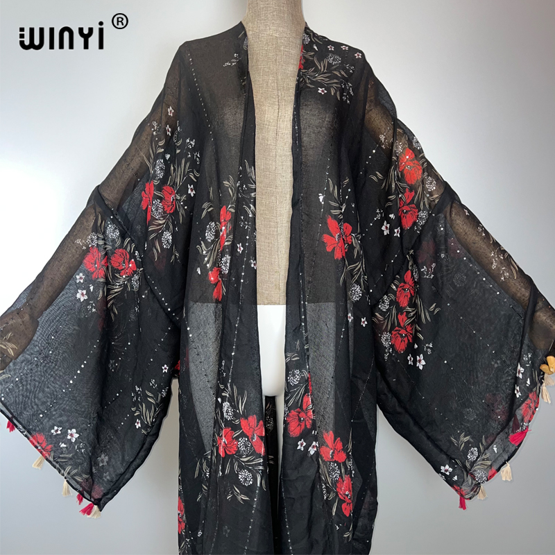 WINYI Kimono Bohème Kaftan Vêtement de Plage Cardigan Robe de Soirée Abaya Dubaï Tenues de Plage Luxe pour Femmes Cardigan à Paillettes