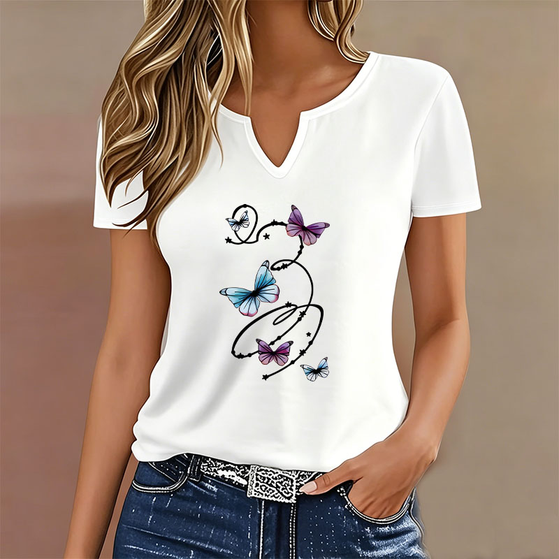 T-shirt graphique coloré à col en V pour femme, décontracté et tendance, à manches courtes, pour l'été et le printemps