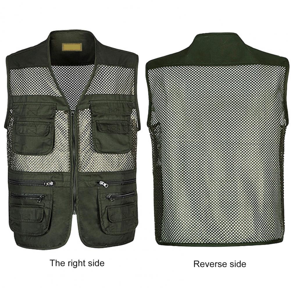 Gilet en maille évidée pour hommes, fermeture à glissière, veste multi-poches pour hommes, gilet léger en fibre, vêtements de travail, été
