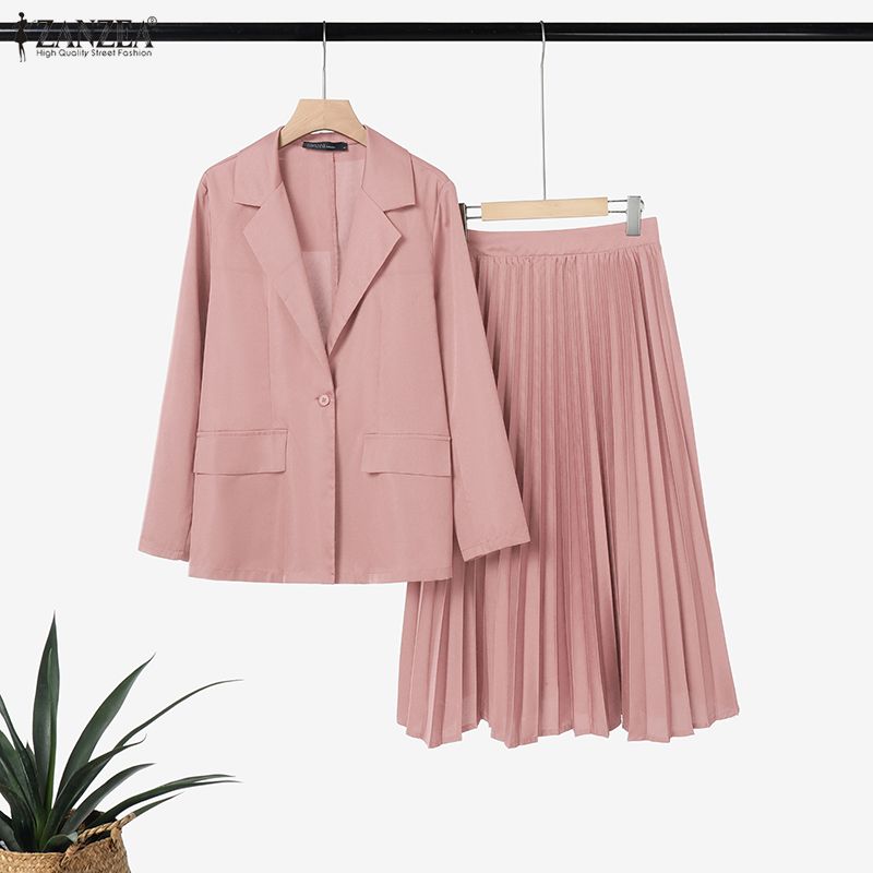 Ensemble de jupe et blazer élégant pour femme, tenue de bureau, blazer à manches longues et jupe plissée trapèze, ensemble 2 pièces, tenue de jupe ZANZEA tendance