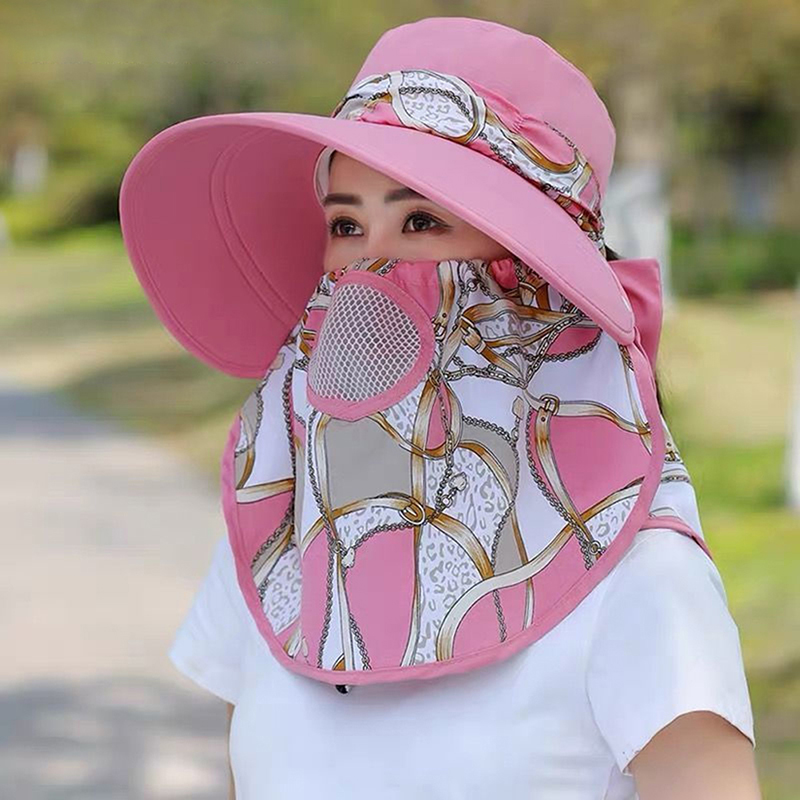 Chapeau d'ombrage de travail de jardin à large bord pour femmes, poignées de masque facial, chapeau de soleil amovible, imprimé extérieur, chapeau de poisson respirant, protection UV, été