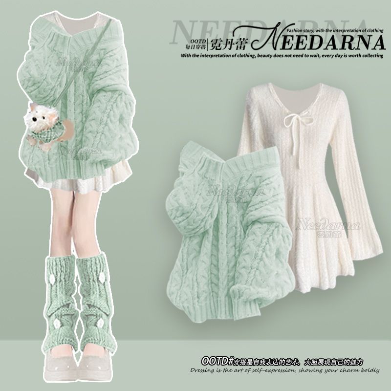 Costume français grande taille pour femmes, ensembles assortis, pull tricoté, Mini robe amincissante, ensemble deux pièces
