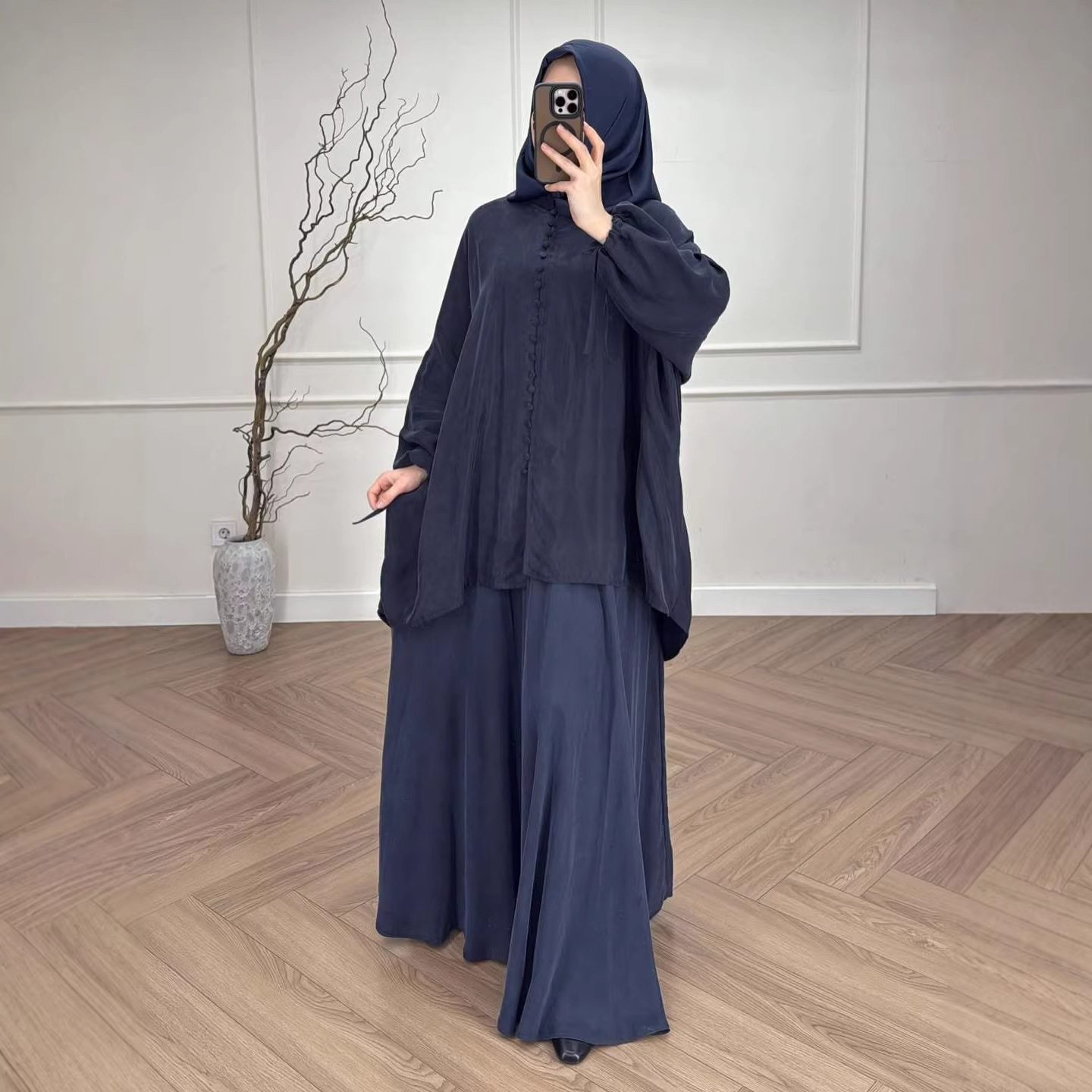 Ensemble 2 pièces jupe et chemise pour femme, style Eid musulman, avec jupe longue, haut à lacets, tenue marocaine Ramadan, ensemble Dubai à simple boutonnage