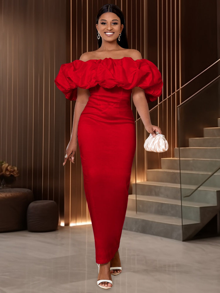 Robes de soirée rouges à épaules dénudées pour femmes élégantes à volants Slim Fit paquet hanche soirée Cocktail événement Banquets robes longueur cheville