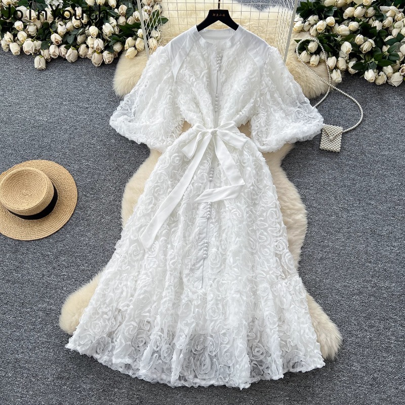 Femme élégante robes lourd 3D Floral doux Chic Robe Femme taille mince simple boutonnage pansement Maxi Robe 2025 robes De Mujer