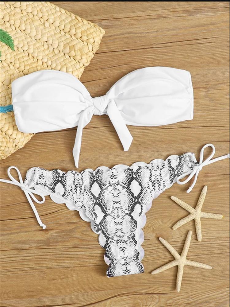 Maillot de bain femme 2026 sexy, style bikini bandeau, imprimé léopard, avec laçage frontal, push-up, volants et nœud, coupe string