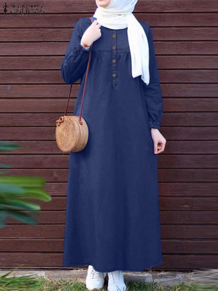 2024 ZANZEA femmes robes musulmanes Vintage Abaya Hijab robe Jilbab vêtements islamiques mode à manches longues Denim bleu Maxi robe d'été