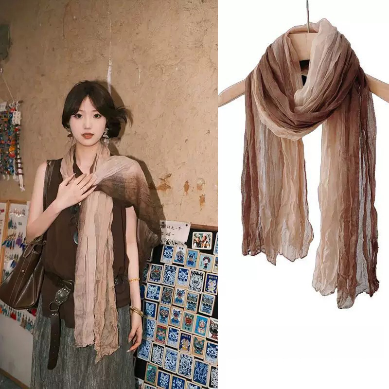 Écharpe froissée pour femmes, vintage, dégradé ombré, châle à porter au quotidien, respirant, doux, pour le printemps et l'automne, idéal pour les séances photo et les voyages.
