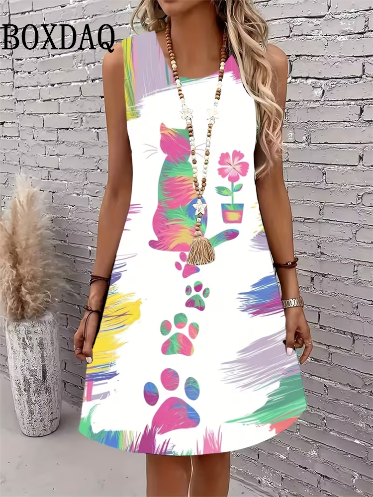 Robe d'été 2026 pour femme, motif chat abstrait, sans manches, ample, décontractée, imprimé graffiti 3D, grande taille