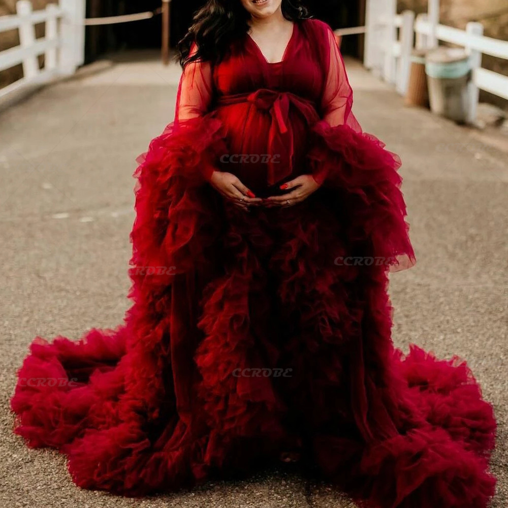 Robe de chambre longue en Tulle transparent pour femmes, Robe bouffante de grossesse, de maternité, pour réception-cadeau pour bébé, chemise de nuit, vêtements de nuit