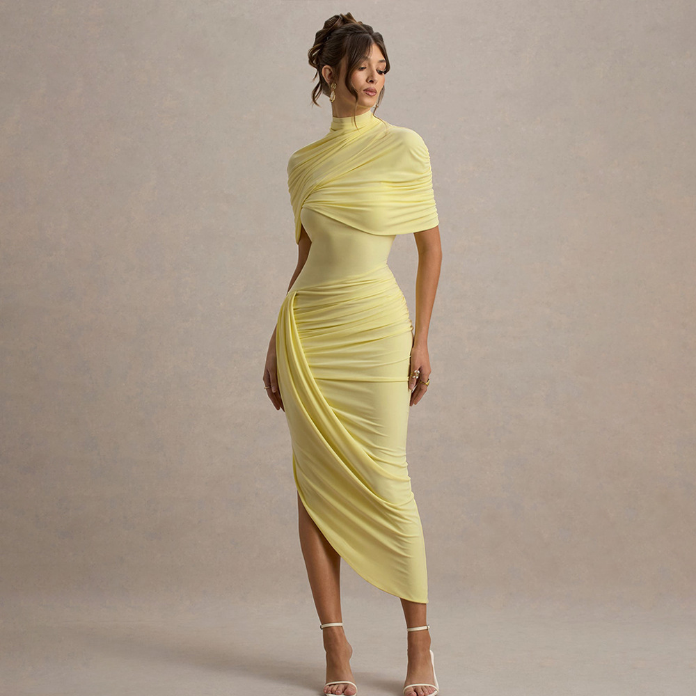 Nouvelle Robe Midi Moulante et Élégante pour Femme, Sexy, Dos Nu, Drapée, Style Bodycon, pour Soirée, Mariage, Invitée, Été, Jaune et Blanc