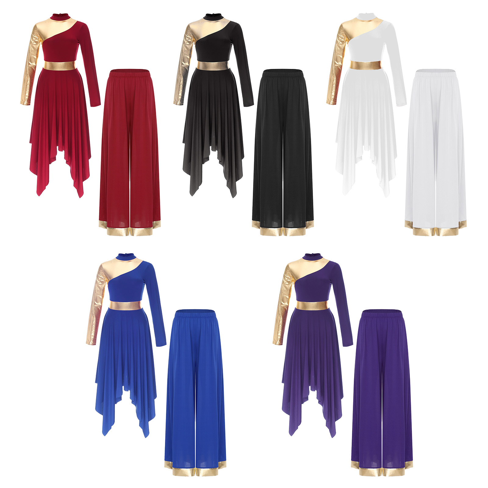 Costume de danse pour femmes, tenues de salle de bal, vêtements de danse lyrique, manches longues, ourlet asymétrique, robe et pantalons à jambes larges