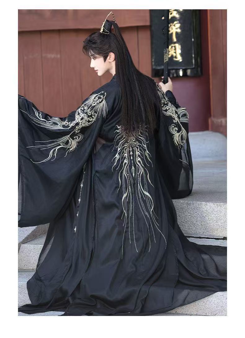 Cool noir hommes Hanfu traditionnel chinois vêtements Niche col debout broderie longue Robe Halloween Wuxia Cosplay Costume