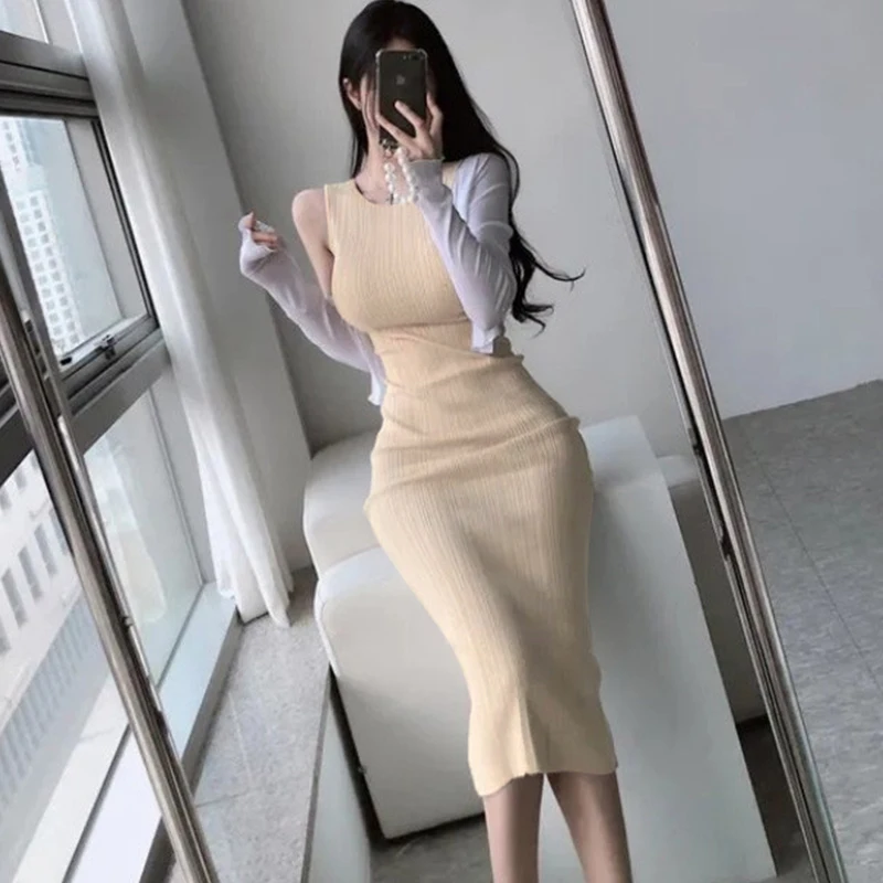 Style coréen élégant Sexy moulante robe sans manches femmes mode cheville longueur taille haute solide robe tricotée dos fente robes