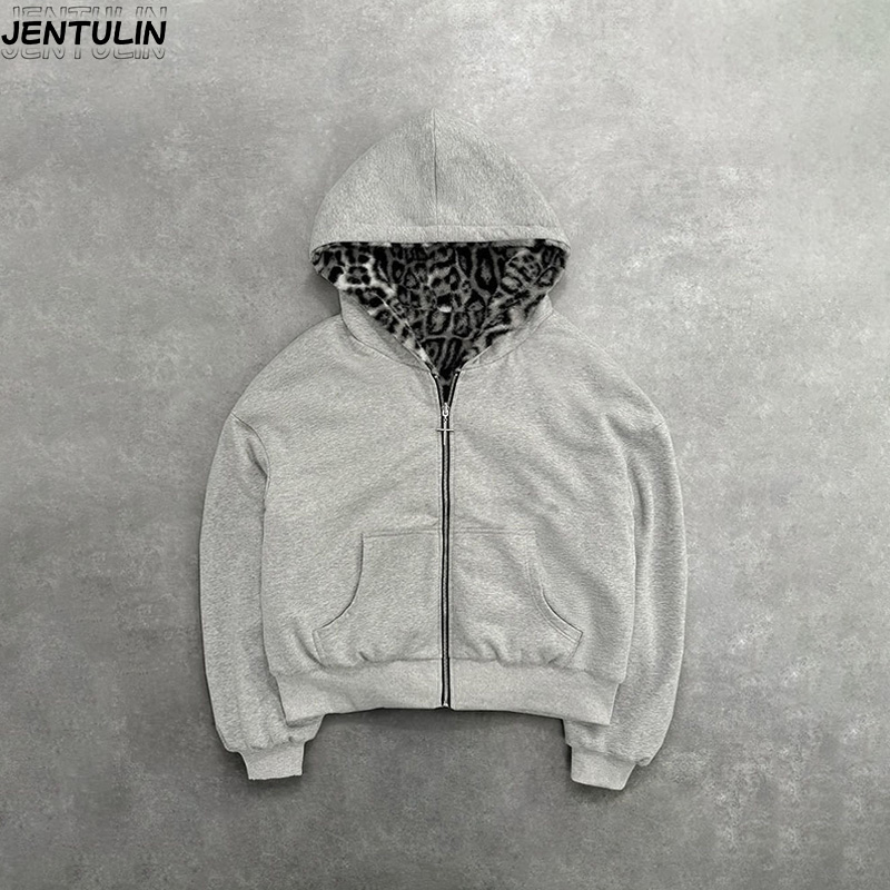 Hip Hop nouveau vêtement double face Harajuku rétro imprimé léopard à la mode ample sweat à capuche avec fermeture éclair hommes rue sweat-shirt décontracté femmes