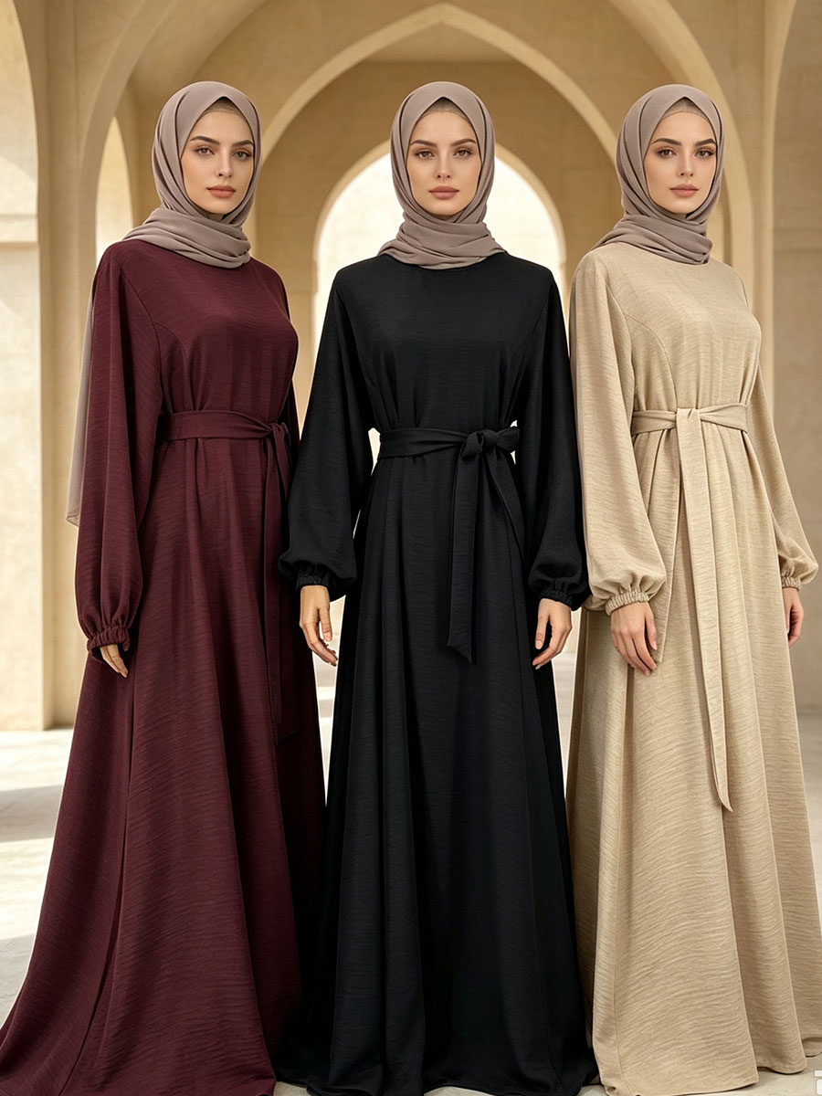 Robe Abaya musulmane pour femmes, robe maxi à manches longues bouffantes avec ceinture, robe de prière islamique modeste, kaftan, tenue pour l'Aïd et le Ramadan