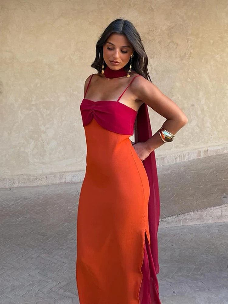 Nouvelle Robe Longue Chic Femme 2026 à Col Écharpe Color Block, Sexy, Fendue, Moulante, avec Taille Cintrée, pour Soirée