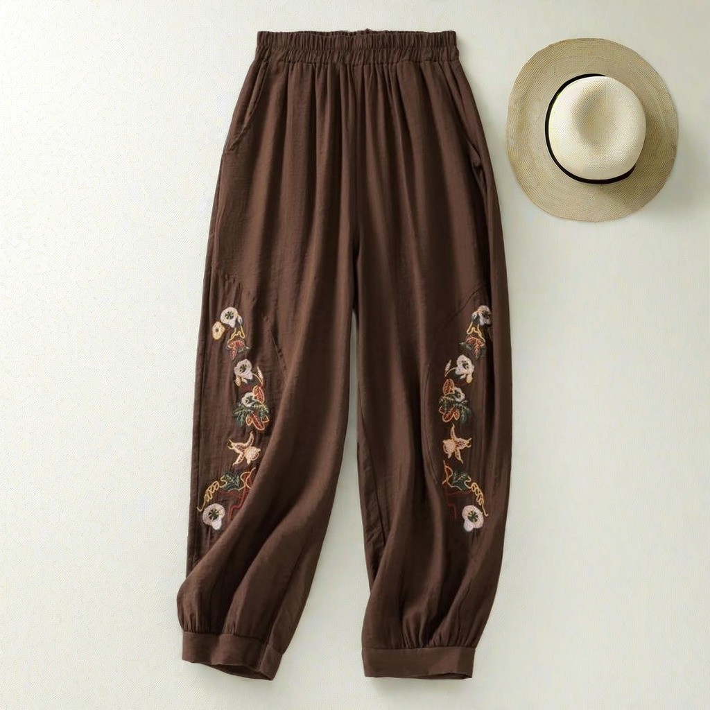 Bloomers décontractés brodés café pour femmes, pantalons élastiques monochromes, pantalons taille haute, vêtements à la mode