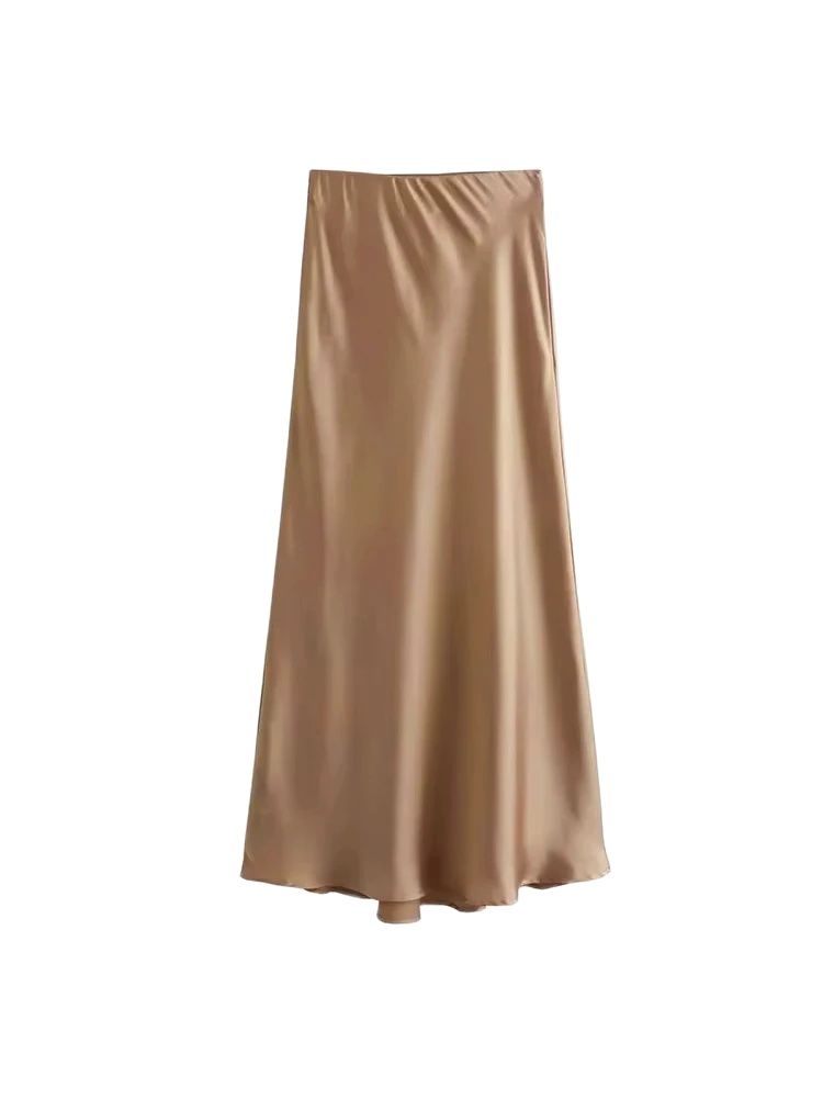 Jupe mi-longue semblable à de soie pour femmes, doux au toucher, taille haute, ceinture élastique, Chic, mode féminine, élégante