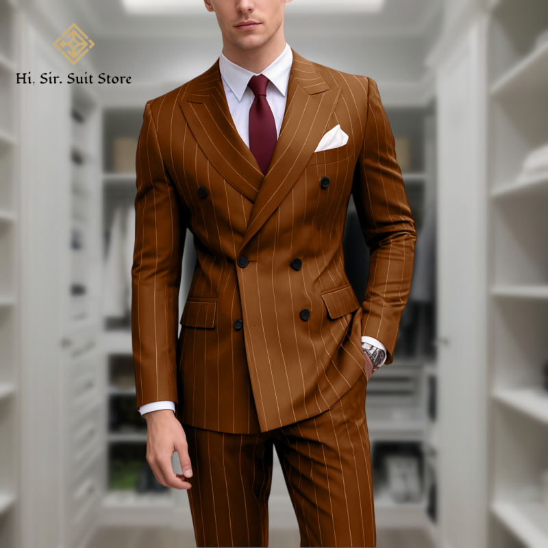 Costume 2 pièces pour hommes, Blazer grande taille, mode européenne et américaine, costume rayé à Double boutonnage, sur mesure, petit lot, veste bleue