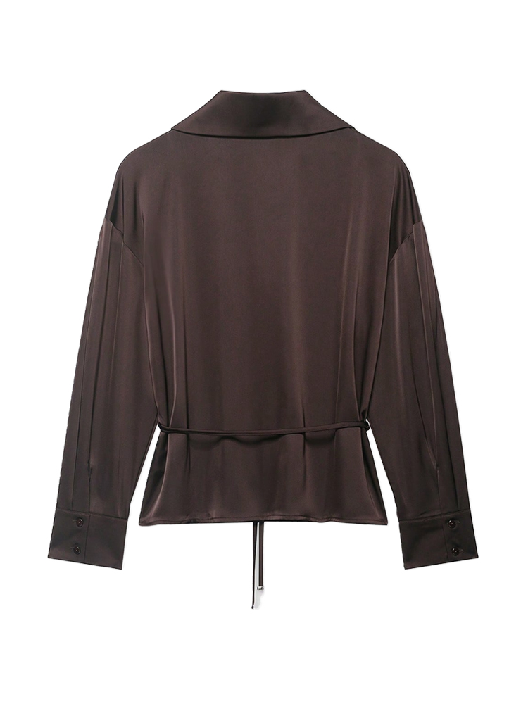 Chemisier en satin chic pour femme avec ceinture, manches longues, col à revers, chemise élégante, haut tendance