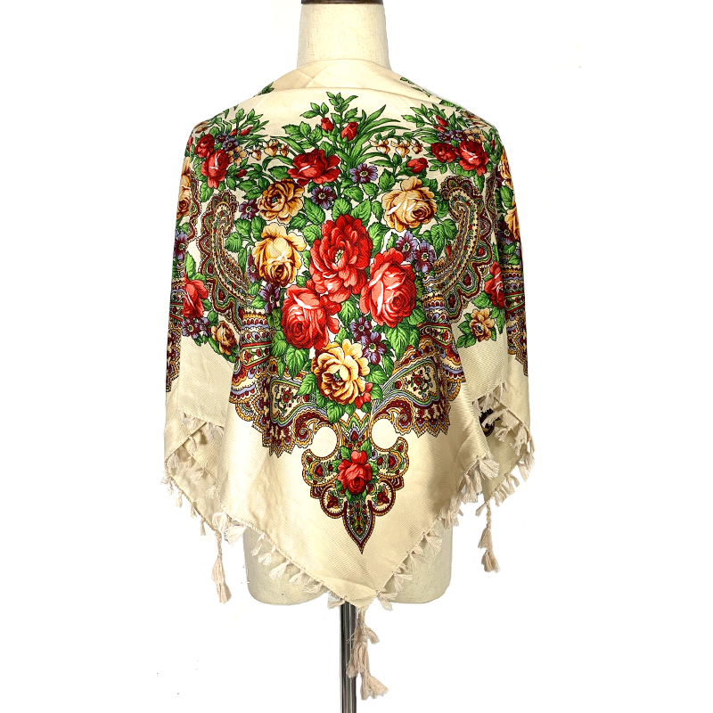 Foulard carré de Style russe, châle de luxe, imprimé Floral, à franges, bandeau pour Femme, Hijab, Babushka, Bandana