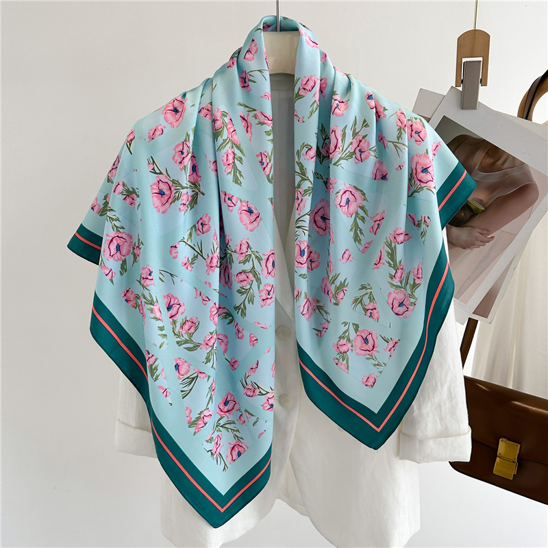 Nouveau grand foulard carré, châle floral en twill de velours de soie, 90 cm, protection solaire, foulard simple pour femme pour le printemps et l'été