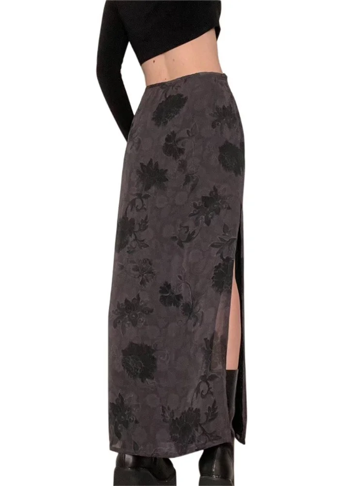 Jupe longue taille haute à fleurs pour femmes, fendue, gothique grunge, Y2K, décontractée, bohème, streetwear, été