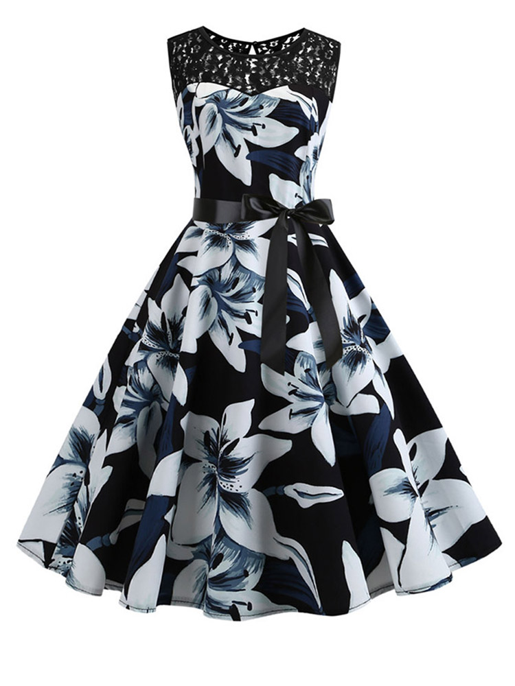 Robe trapèze en dentelle à imprimé floral pour femmes, robe de soirée vintage, tunique décontractée, robe de bureau pour dames, été