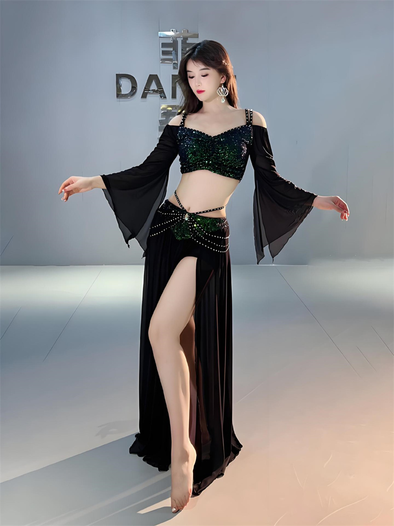 Costume d'entraînement de danse du ventre pour femmes, 2 pièces, manches longues, jupe fendue sur le côté, tenue à paillettes, spectacle de danseuse orientale, vêtements en gaze XL