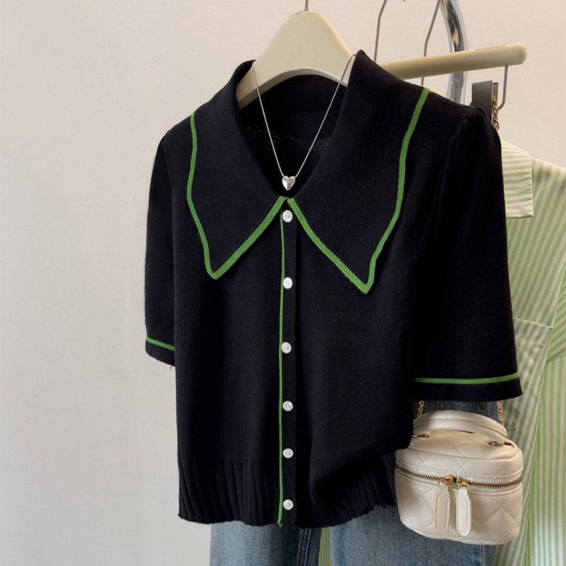 Cardigan Vintage de Style français pour femmes, vêtements d'été amples et décontractés à manches tricotées, t-shirts courts pour dames, grande taille, col rabattu