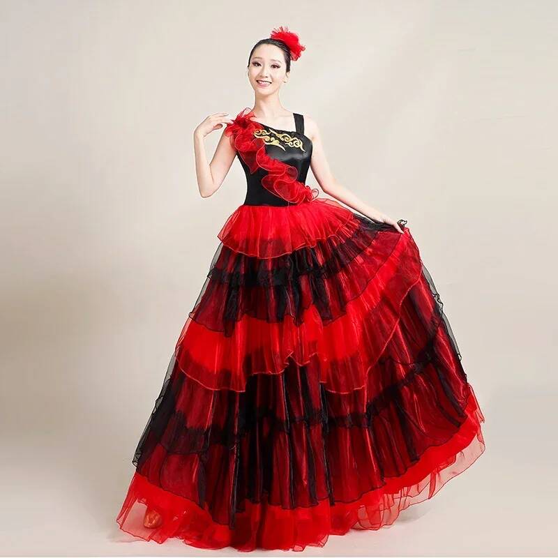 Robe de spectacle de flamenco espagnol pour femmes, jupe ample à grande ouverture, costume de scène espagnole