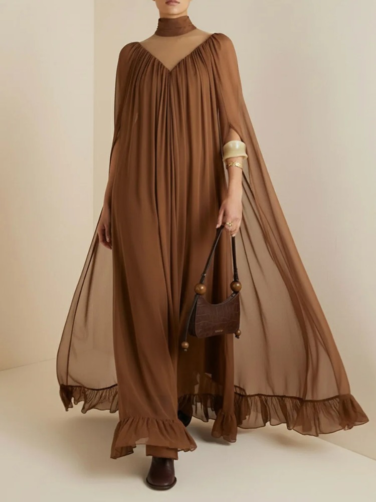 UOOZEE 2026 Nouvelle Robe de Soirée Formelle Élégante à Col Montant et Manches Cape pour Femme, Couleur Unie, Robe Longue de Cérémonie pour Invitée de Mariage, Demoiselle d'Honneur ou Fête