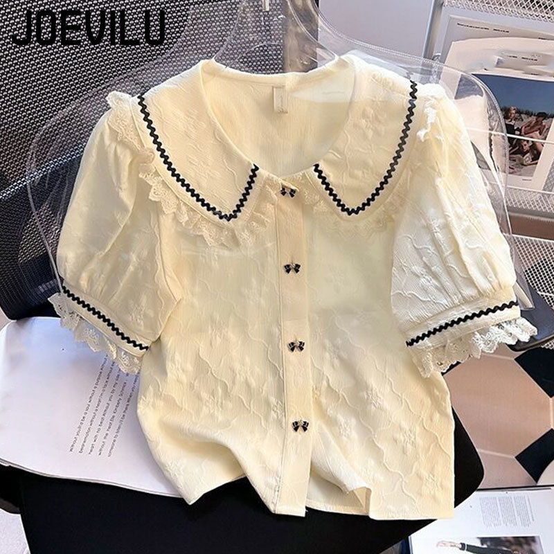 Chemise en mousseline de soie pour femmes, haut français à manches bulles, dentelle d'été, chemisiers à manches courtes doux et Chic, vêtements coréens élégants pour dames