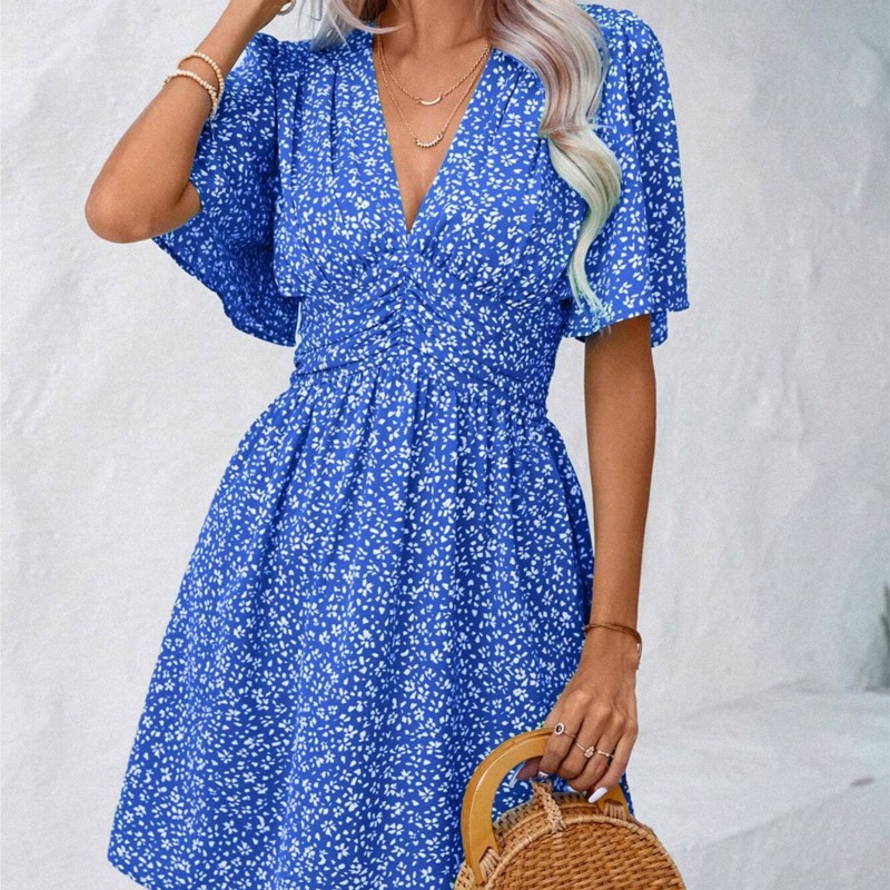 Mini robe plissée à fleurs fragmentées pour femmes, col en V, manches moyennes, imprimé, taille haute, élégante, nouvelle mode, été, éducatif