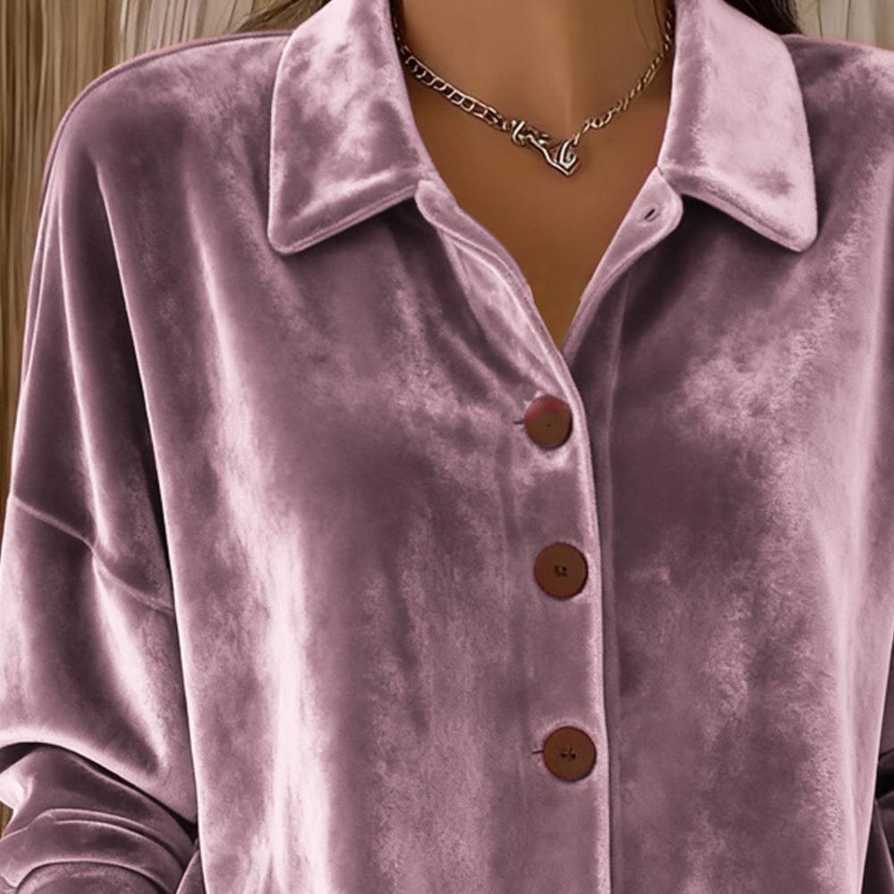Chemise pour femmes, couleur unie, col à revers, manches longues, texture en velours, hauts pour femmes, coupe ample, boutons, patte de boutonnage, hauts de travail