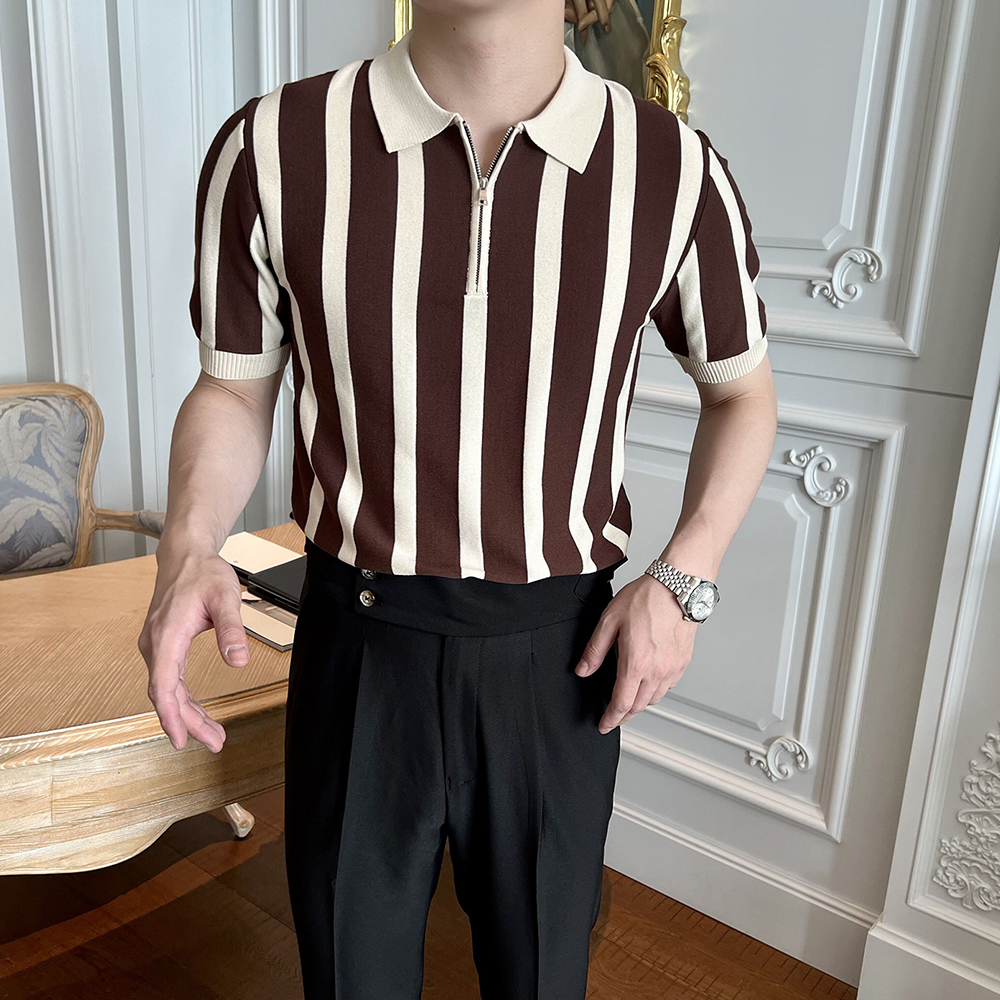 Polo rayé à manches courtes pour hommes, vêtements de loisirs, t-shirts rétro, tricots respirants, mode coréenne, luxe abordable, fermeture éclair