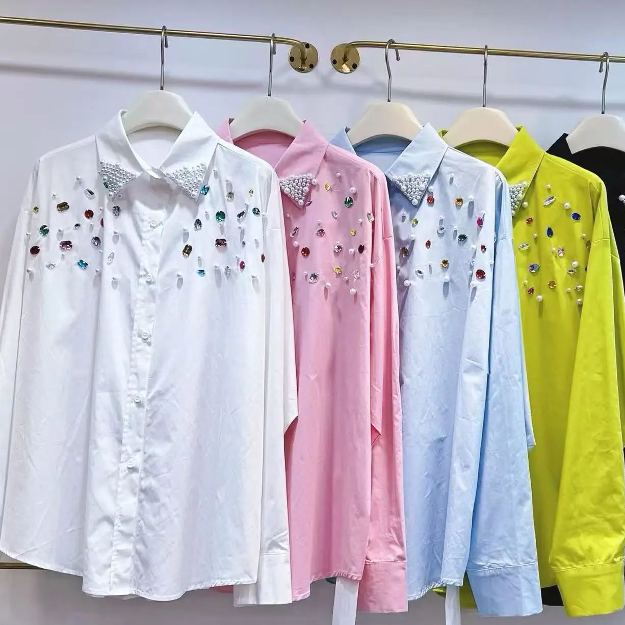 Chemises élégantes en perles pour femmes, chemisiers amples à manches longues pour dames, mode Y2k, nouveaux hauts Chic pour femmes, vêtements pour femmes