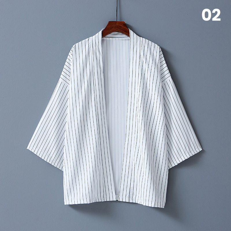 Hommes japonais Kimono Yukata Robe été couleur unie rayé vêtements d'extérieur décontractés cape Haori Spa Sauna bain plage chemise Cardigan unisexe